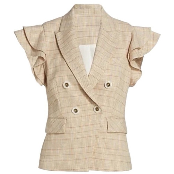 $595 Veronica Beard Janae Plaid Ruffle Blazer Jacket Button Up Khaki Multi Sz 00 - Picture 4 of 14